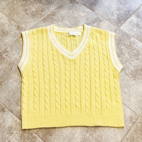NWT Sugar Moon Yellow Knit V Neck Vest White Trim Pullover Extra Small - Picture 2 of 9